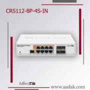 تصویر تبلیغاتی سوئیچ MikroTik مدل CRS112-8P-4S-IN، با طراحی سفیدرنگ که شامل ۸ پورت PoE و ۴ پورت +SFP است. دستگاه در مرکز پس‌زمینه‌ای مینیمال به رنگ خاکستری با خطوط قرمز و خاکستری نمایش داده شده است. لوگوی MikroTik و آدرس سایت www.aadak.com در پایین تصویر دیده می‌شوند.